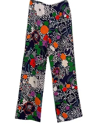 Vtg 60s 70s Kahala Abstract Floral Print Straight Wide Crop Pants Sz XS Blue