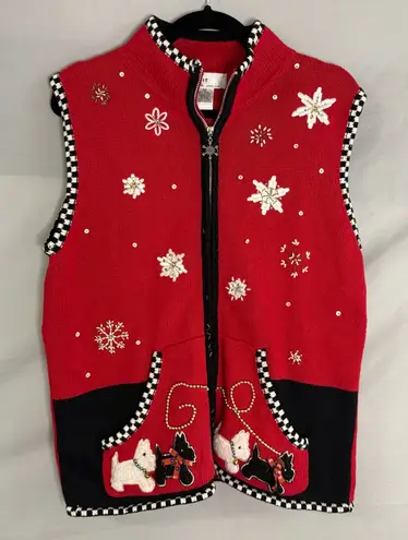Women’s Ugly Christmas Sweater Vest Terrier Dogs Size Medium Ramie Cotton Tacky Red