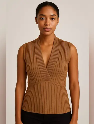 Studio 1940 Sleeveless Ribbed Knit Top XL Brown Deep V-Neck Pullover Casual