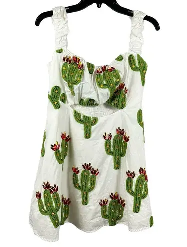 Queen of Sparkles Cutout Fuzzy Cactus Mini Dress Tie Back White & Green S