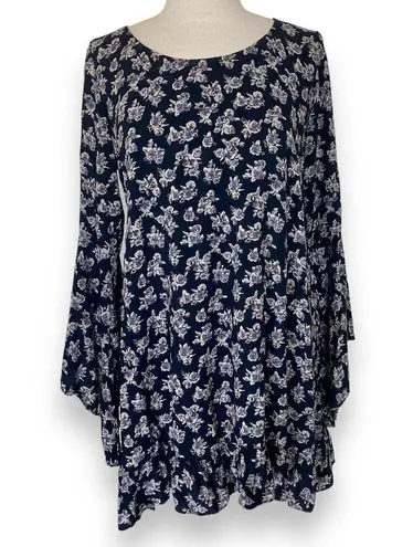 Floral bell sleeve tunic top women's medium blue open back ruffle hem by Phanuel