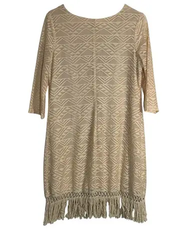 Jody California Dress Womens Large Beige Lace Overlay Midi Fringe Hem USA Made