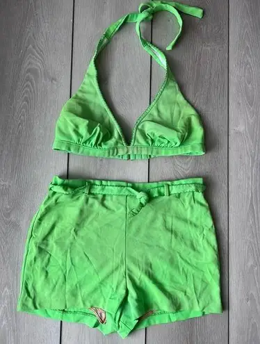 Catalina Vintage 70s  Swimsuit Neon Green Retro Pinup Style High Waist Bottoms 10