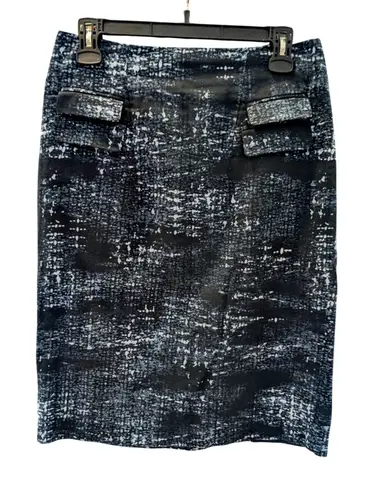 Grace Black Gray Abstract Print Cotton Pencil Skirt Size 6 Back Slit Lined Blue