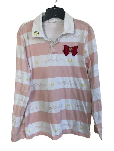 Sailor Moon Polo Top Womens Large Striped Embroidery Long Sleeve Offical Pink