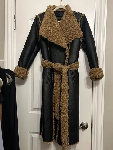 Donna Karan New York Faux-Fur-Trimmed Vegan-Leather Tie-Waist Coat