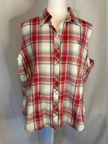 Bit & Bridle Sleeveless Western Tank Button Multicolor Red Plaid Shirt Womens