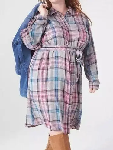 Lane Bryant  Gray Pink&Blue Plaid Button Front Shirt Dress Sz.28W NWT