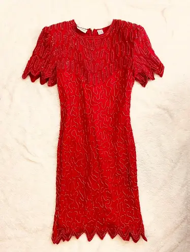 Beaded Sequin Flapper Vintage Dress Red Size L