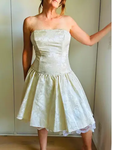 90s Cream Prom Dress Strapless Brocade Size M Fairy tale Coquette Ballerina Gold Size M