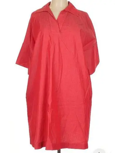 Ming Wang Red Popover Tunic Dress Sz L 100% Cotton Collared Oversized Minimalist