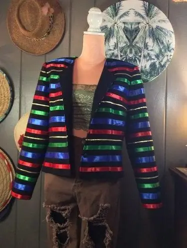 Maggy London Colorful Ribbon on Black Blazer - Suit Jacket Size 14 Petites