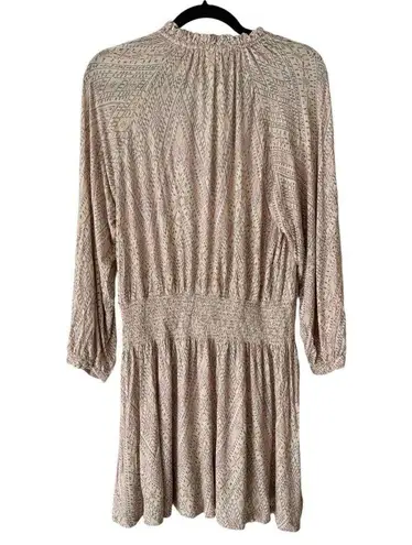 NWT Soft Joie Suki Long Sleeve Geo Print Smocked Waist Pullover Mini Dress Large Tan