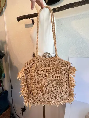 MW Tan Natural Fiber Straw Fringe Raffa Crochet Square Tote Shoulder Bag