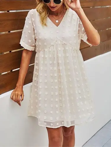 Kirundo White Swiss Dot Chiffon Babydoll Short Sleeve Dress