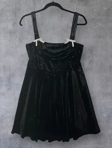 Black Velvet Rhinestone Bow Strap Holiday Party Cocktail Glam Dress XS