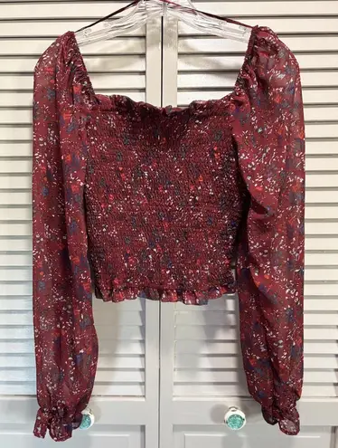 Jopna Blouse Size L Burg/Blue Floral Smocked Body Long Chiffon Sleeves Ruffle Size L