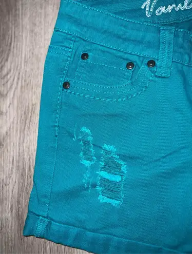 Vanilla Star Y2K Teal Distressed Denim Shorts Juniors Cuffed Jean Style Size 1