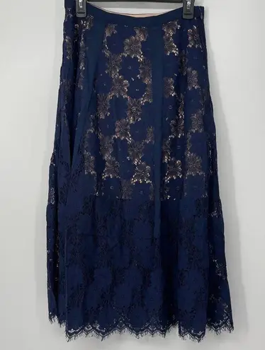 Foxiedox NAVY BLUE LACE BEIGE LINED LONG SIDE ZIP SKIRT MEDIUM