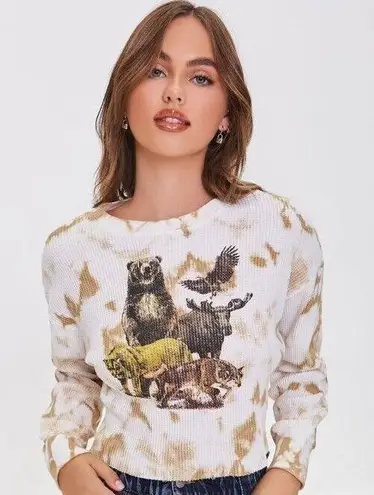 Forever 21 Wildlife Forest Animal Cropped Sweater  wolf moose bear tie dye small