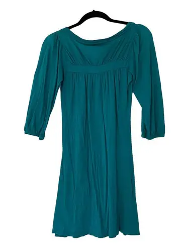 LA Made  Teal Green Blue Cotton V-Neck 3/4 Sleeve Pleated Peasant Tunic Size Small