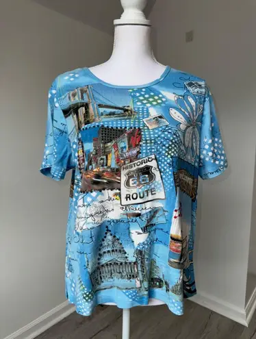 Bonworth Vtg Y2K All Over Print Route 66 USA Landmarks Graphic Tee Blue Travel Shirt MP