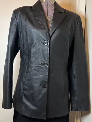 Leather Jacket Black Leather Collared Buttons Pockets Lined Size 10 VTG VG Clio
