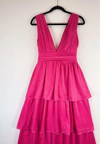 Lulus Dress Hot Pink Peak Party V Neck Layered Bow Tie Midi Barbiecore Large