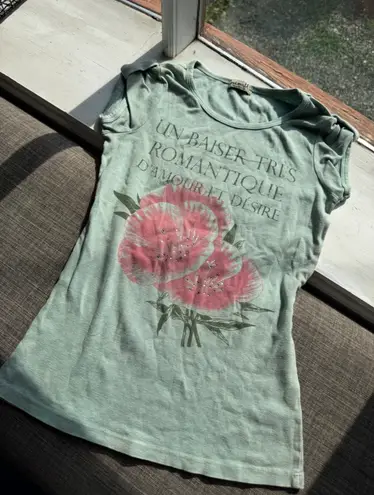 One World Romantic French Floral Graphic Tee Puff Sleeve Rhinestone Sz S Y2K