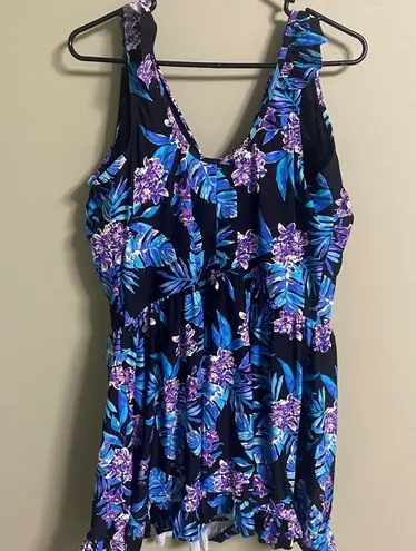 Swimsuits For All Faux Wrap Swim Dress One Piece Swimsuit Floral Size 22 NWT New Black