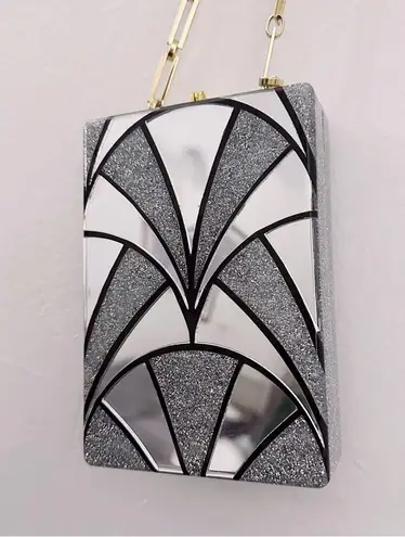 Edie Parker Carol Nouveau Acrylic Clutch Bag Mirror Crossbody Purse Glitter Silver