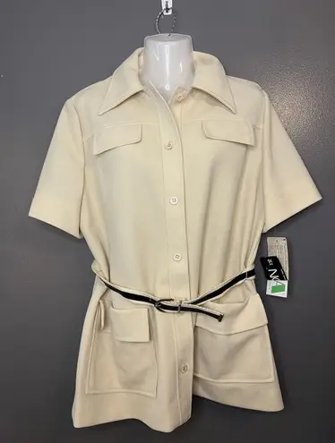 Vintage Devon Jacket Womens 16 Ivory Belted Safari Double Knit Short Sleeve 70s Tan