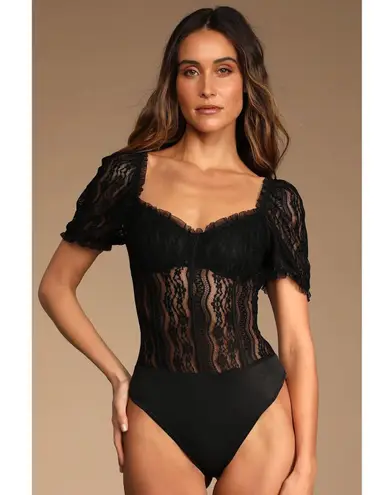 Lulus Womens Feeling Flirtatious Floral Lace Puff Sleeve Bustier Bodysuit Size M Black Size M
