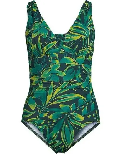 Lands End Plus Size 16 Tummy Ruched One Piece Lined Swimsuit Green Floral Black