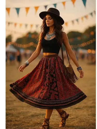 Vintage Mix Nouveau 100% Cotton Boho Patchwork Paisley Midi Skirt Red Black M Orange Size M