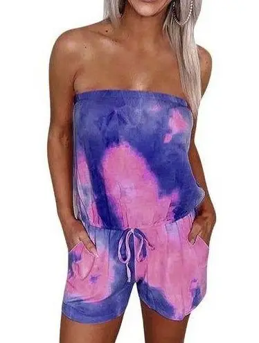 Pink Blue Tie Dye Romper Strapless Beach Shorts Size Large Lightweight