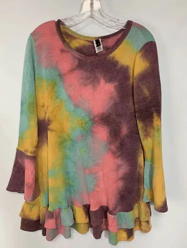 Yahada Women's Tie Dye Bell Sleeve Ruffle Hem Top Size Small Yellow