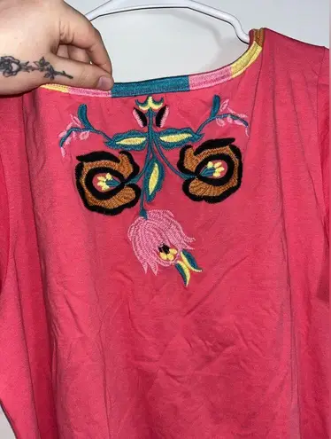 All About Her Embroidered Short Sleeve Blouse Floral Design Hot Pink Size Small