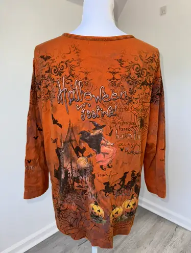 VTG Studio Gem Q Halloween Shirt XXL Witch Pumpkin All Over Print 3/4 Sleeve Tee Orange