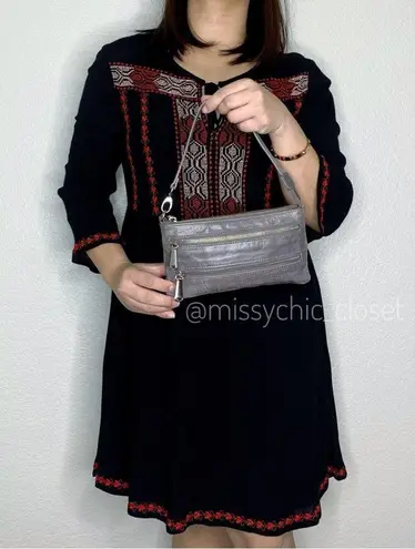 Hobo The Original Leather Zipper Baguette Mini Bag Clutch Purse Gray