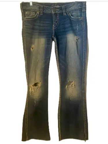 Silver Jeans Twisted Blue Jeans Bootcut Low Rise Med Wash Distressed Size 29