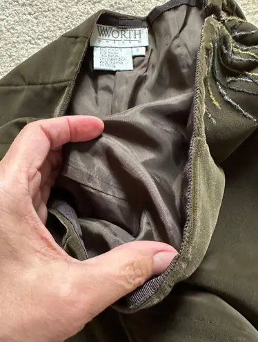 W By Worth Worth Woman’s Dark Green Velour Pants with Embroidery around the side zipper, Sz 6P