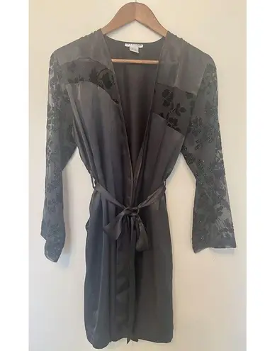 Ivy & Annabelle Robe Black Satin Velvet Flowers Chiffon Size Small Boudoir