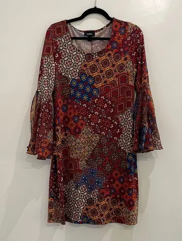 MSK Bell Trumpet Sleeve Boho Print Mini Dress Size Medium