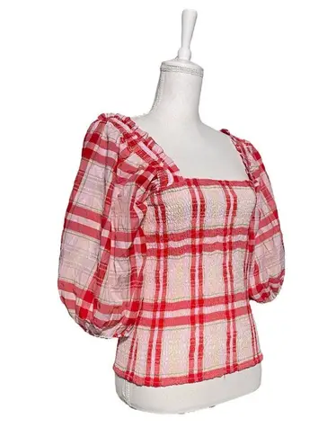 Ganni Plaid Print Square Neckline Smocked Top Blouse Balloon Sleeve No size tag