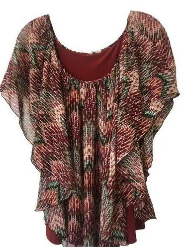 C EST 1946 Faux Tank Top With Winged Overlay Brown Geometric Print L Green Size L
