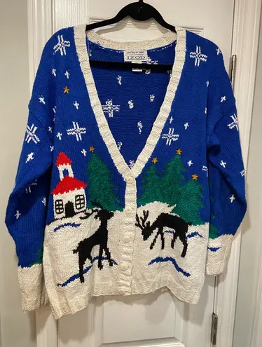 IZOD VTG Size M Hand Knit Ramie Cotton Christmas Sweater Cardigan 80s Deer Snow