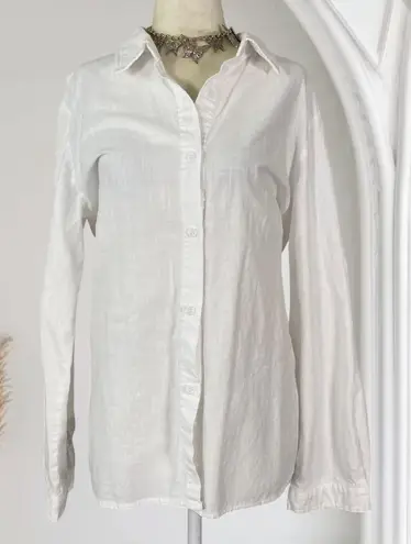 Preppy Boho White Cotton Button Up Long Sleeve Oversized Blouse Top L Size L