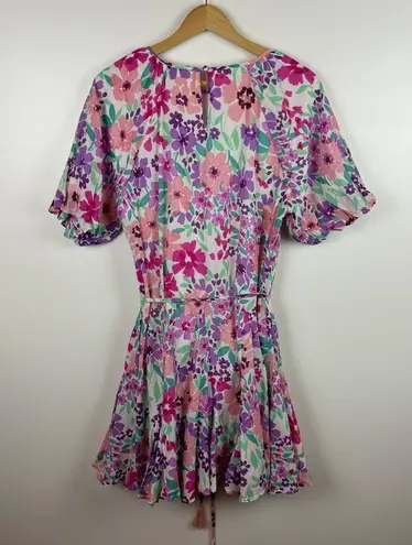 Fate Women Frances Floral Pleated Skirt Dress Sz L Puff Sleeve Colorful Feminine Pink Size L