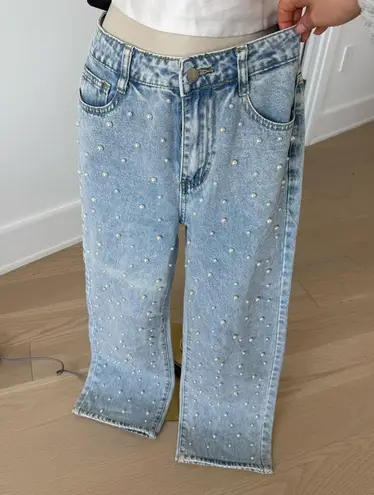 Women's Light Blue Pearl Beaded Slightly Flare Jeans